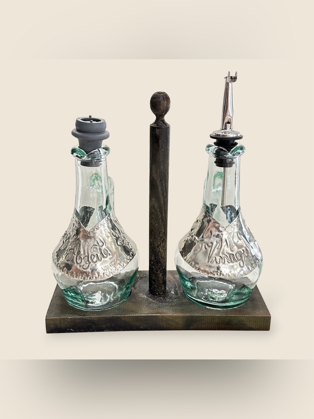 Valter Hand Blown Glass Oil & Vinegar Cruet Set with Wood Stand  Made in Spain